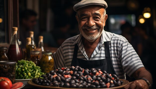 Un uomo in piedi sorridente con in mano frutta fresca biologica generata dall'intelligenza artificiale