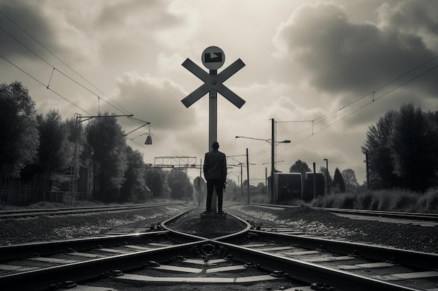 un uomo in piedi su un binario ferroviario accanto a un passaggio a livello