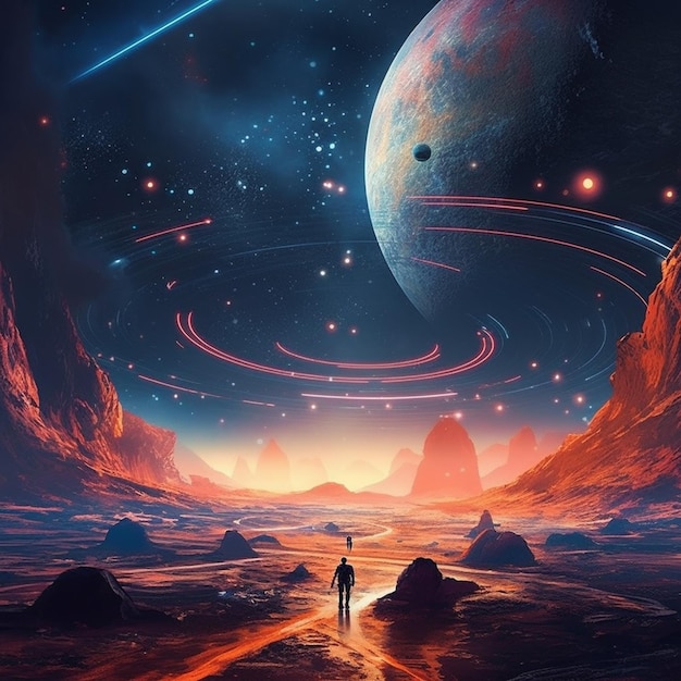 Un uomo in piedi su un deserto che guarda un lontano pianeta generativo ai