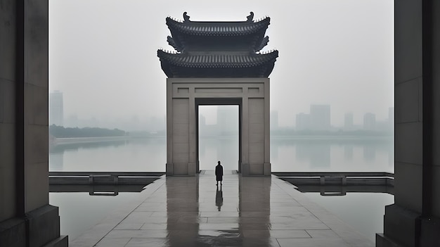 Un uomo in piedi su un grande lago nebbioso di fogy del portone di architettura cinese e città ai precedenti