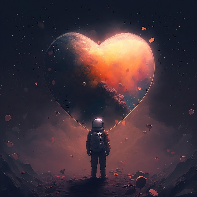 Un uomo in piedi su un pianeta illuminato dalla luna con un'immagine a forma di cuore del pianeta terra sullo sfondo.