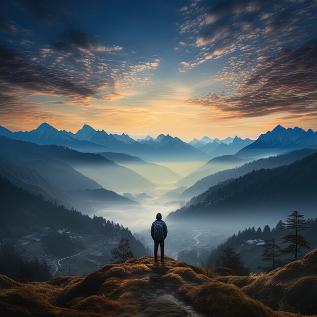 un uomo in piedi su una montagna che si affaccia su una valle con montagne e nuvole sullo sfondo