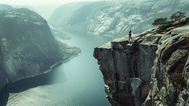Un uomo in piedi su una scogliera che domina un fiordo in Norvegia