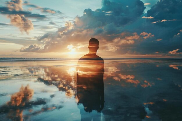 un uomo in piedi su una spiaggia al tramonto