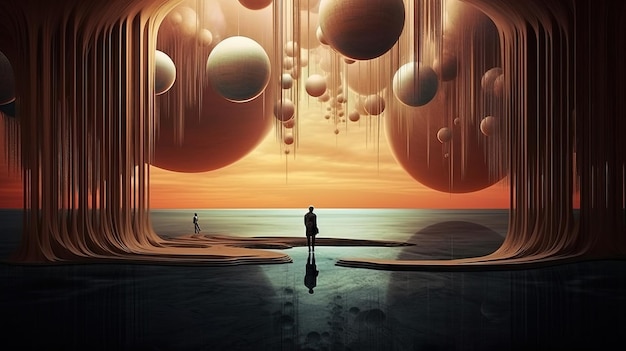 Un uomo in piedi su una spiaggia con un gruppo di sfere dall'acqua Generative AI Art