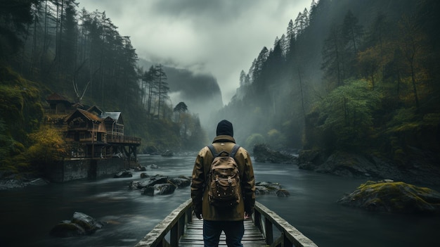 Un uomo in piedi sul molo e guardando la natura
