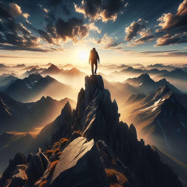 Un uomo in piedi sulla cima della montagna Ai generativa