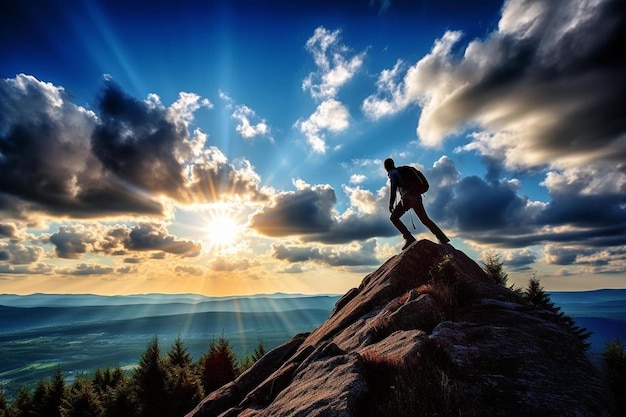 un uomo in piedi sulla cima di una grande roccia