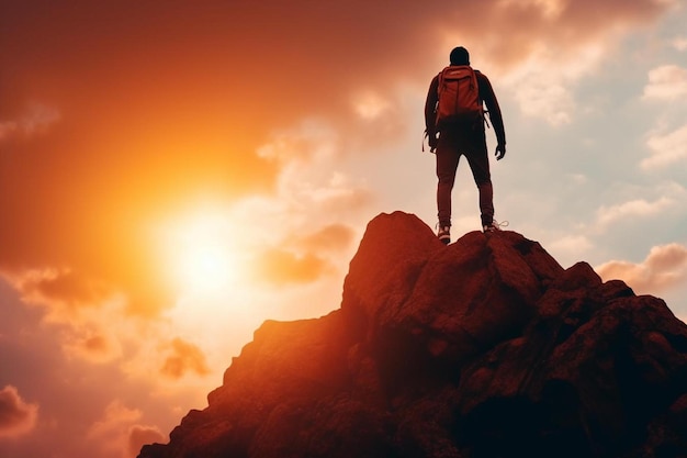 un uomo in piedi sulla cima di una montagna al tramonto