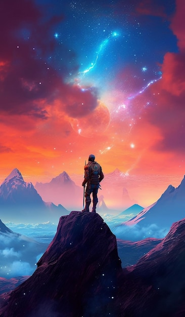 Un uomo in piedi sulla cima di una montagna che guarda il cielo generativo ai