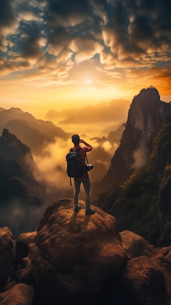 Un uomo in piedi sulla cima di una montagna che guarda il tramonto