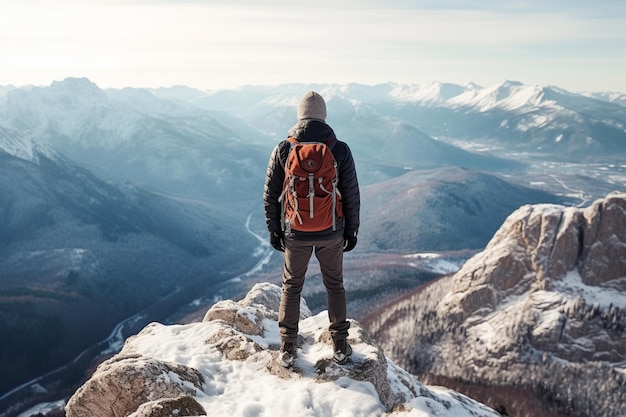 Un uomo in piedi sulla cima di una montagna con il numero 12 sulla schiena