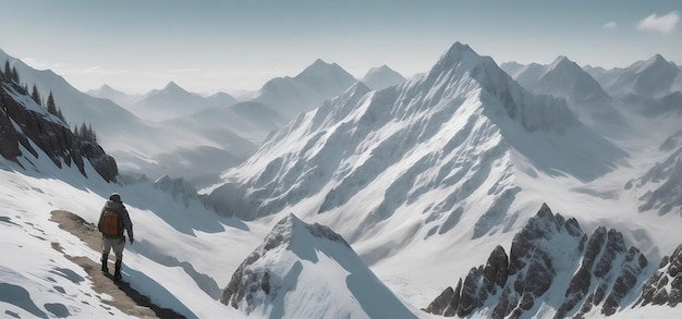 un uomo in piedi sulla cima di una montagna innevata IA generativa