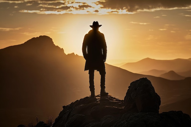 Un uomo in piedi sulla cima di una montagna mentre il sole tramonta Concetto di obiettivi e risultati Generazione AI