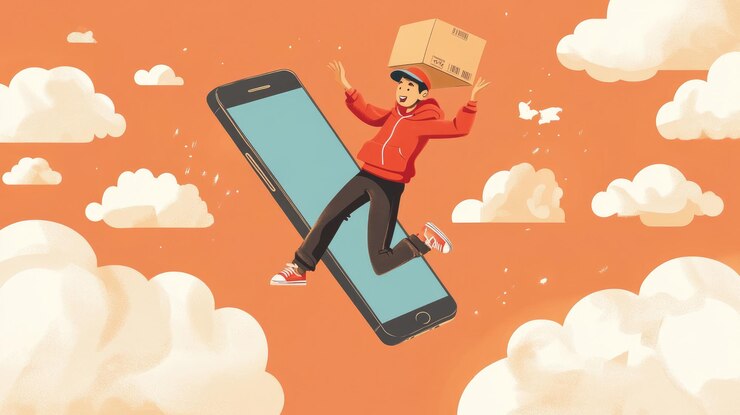 Un uomo in rosso sta saltando su uno smartphone tenendo una scatola sulla testa è circondato da nuvole e un caldo sfondo arancione