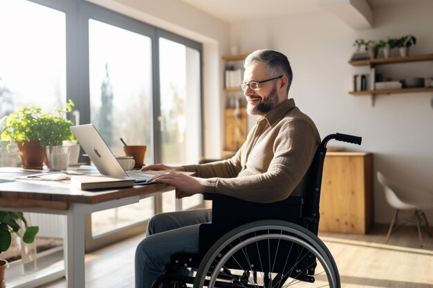 Un uomo in sedia a rotelle in un ufficio a casa