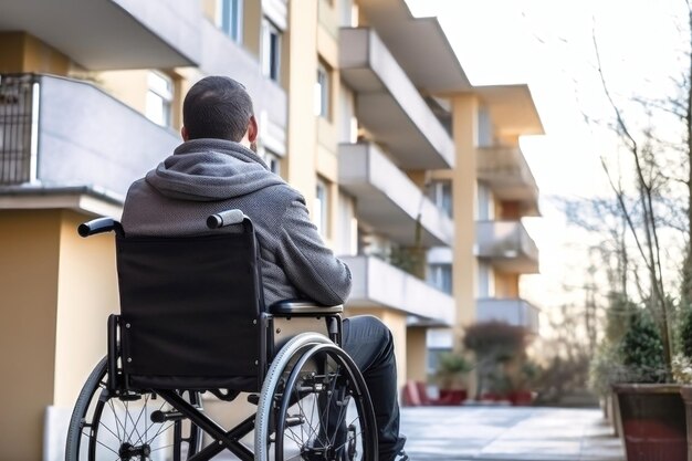 Un uomo in sedia a rotelle osserva il paesaggio della città dall'edificio