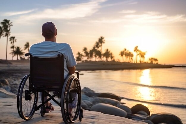 Un uomo in sedia a rotelle si gode la vista della spiaggia