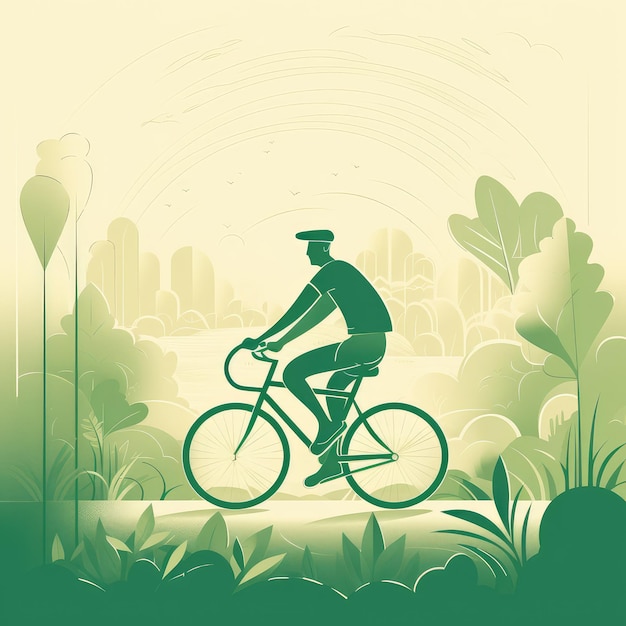 Un uomo in sella a una bicicletta in un'illustrazione verde e blu