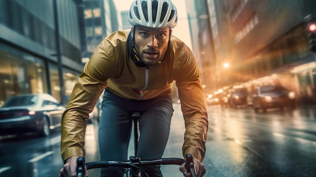 Un uomo in sella a una bicicletta lungo una strada cittadina immagine generativa ai