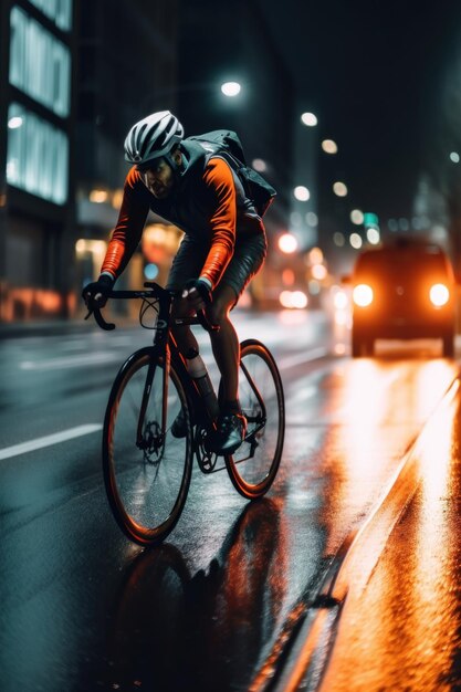 Un uomo in sella a una bicicletta lungo una strada di notte immagine generativa ai