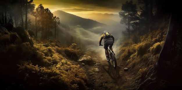 Un uomo in sella a una bicicletta su un sentiero di montagna con un tramonto sullo sfondo.