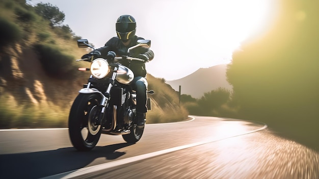 Un uomo in sella a una moto su una strada con il sole che splende sullo sfondo.