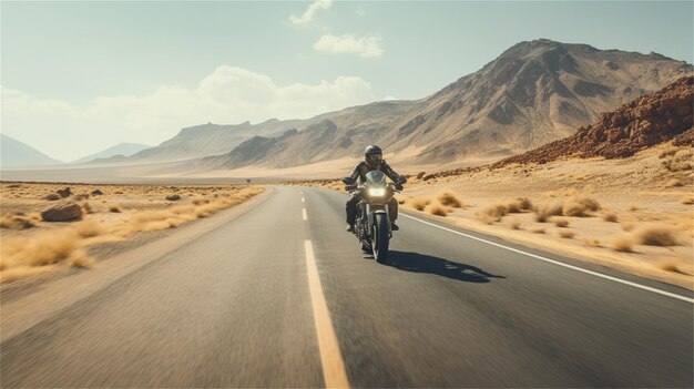 Un uomo in sella a una moto su una strada con le montagne sullo sfondo.