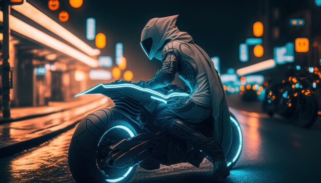 Un uomo in sella a una motocicletta con un casco luminoso