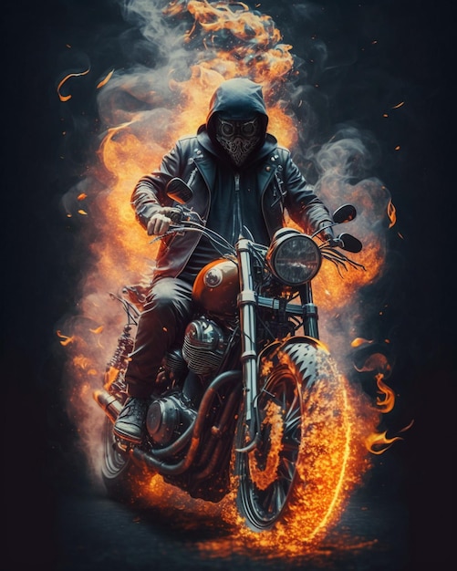 Un uomo in sella a una motocicletta con un fuoco acceso sul fondo.
