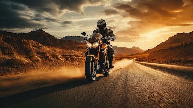 Un uomo in sella a una motocicletta su una strada con il sole che tramonta dietro di lui.