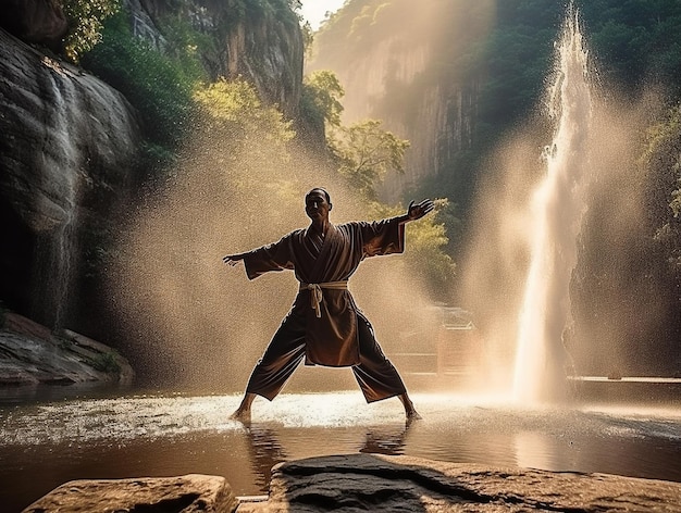 Un uomo in tunica si trova di fronte a una cascata con le braccia tese.