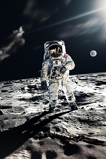 un uomo in tuta da astronauta sulla luna