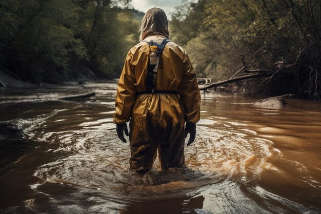 Un uomo in tuta protettiva gialla sta attraversando un fiume contaminato da petrolio e sostanze inquinanti