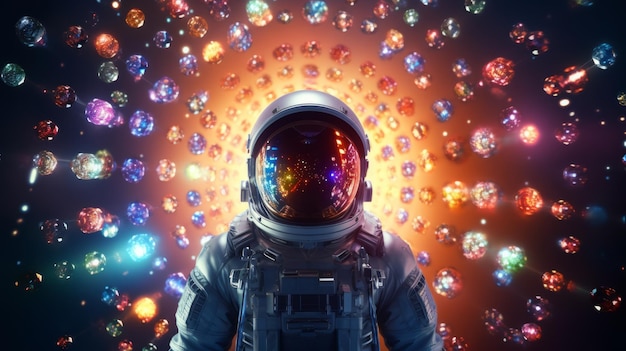Un uomo in tuta spaziale circondato da bolle