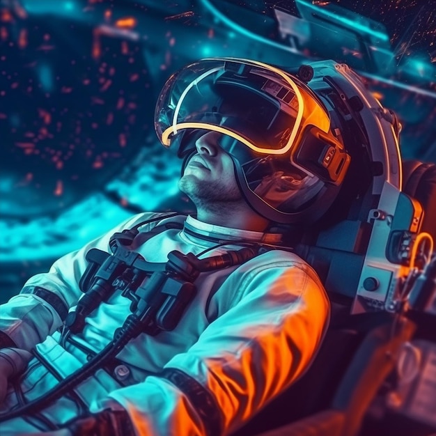 Un uomo in tuta spaziale con un visore VR
