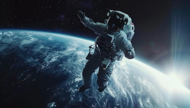 Un uomo in tuta spaziale galleggia nello spazio sopra la terra da un'immagine generata dall'AI
