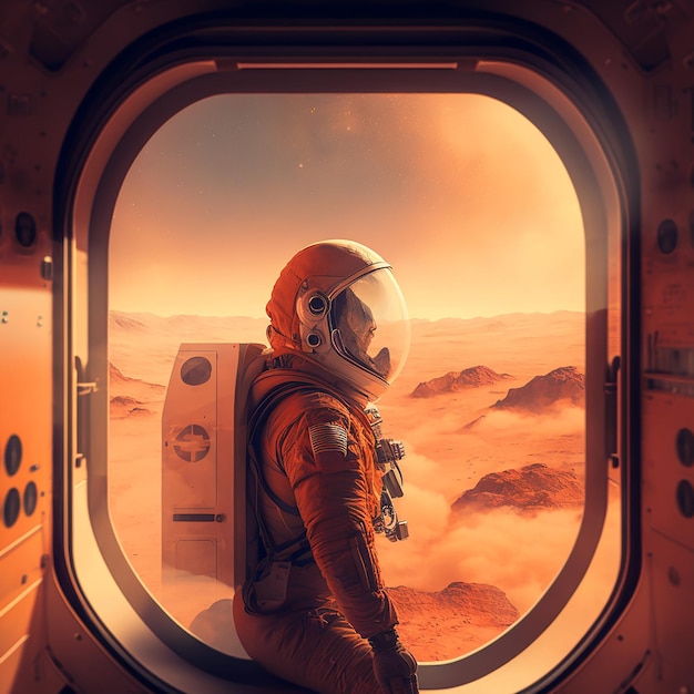 Un uomo in tuta spaziale guarda fuori da una finestra.
