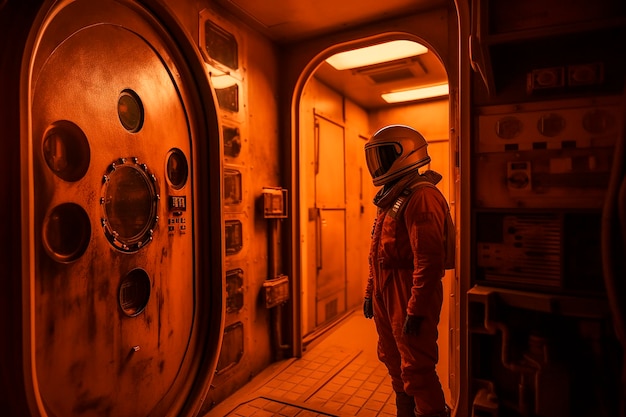 Un uomo in tuta spaziale si trova davanti a una porta con una grande porta che dice "astronauta"