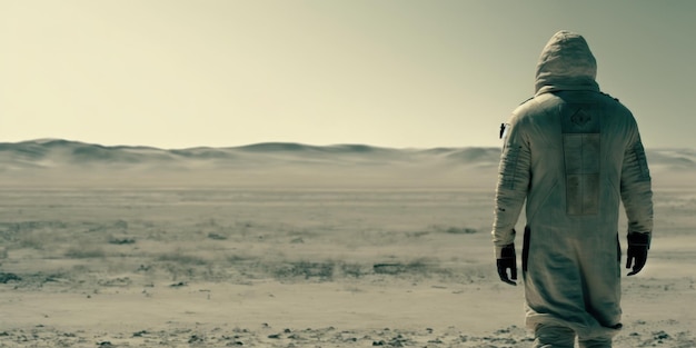 Un uomo in tuta spaziale si trova nel deserto.