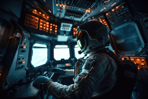 Un uomo in tuta spaziale siede in una cabina di pilotaggio