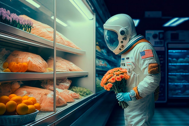 Un uomo in tuta spaziale tiene in mano un mazzo di fiori d'arancio in un negozio di alimentari