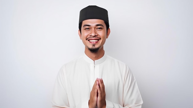 Un uomo in un abito asiatico tradizionale con le mani unite, sorridente e con indosso una veste bianca.