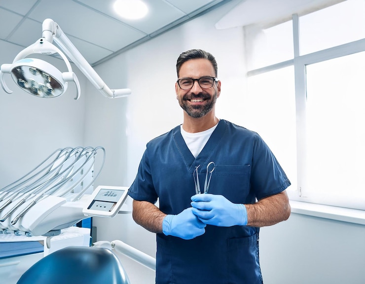 Foto un uomo in un abito blu si trova in una stanza con uno spazzolino da denti in mano
