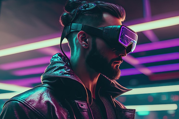 Un uomo in un abito ispirato al cyberpunk con luci al neon e accessori futuristici in piedi in un vicolo buio nel metaverso Generato dall'IA