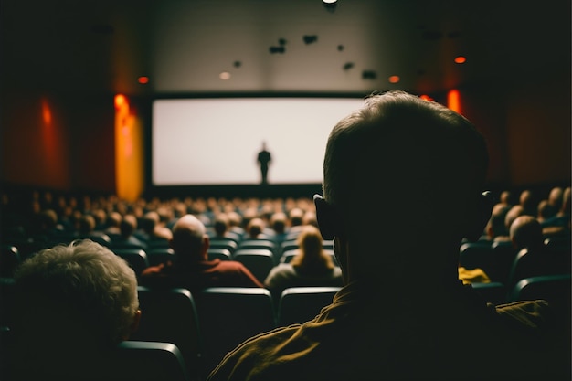 Un uomo in un auditorium che guarda un film con uno schermo dietro di lui