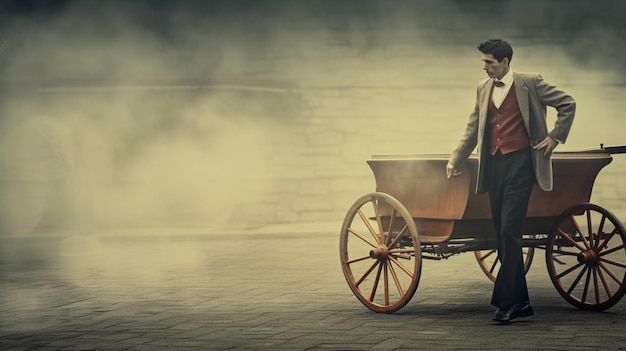 Un uomo in un'auto d'epoca con un uomo con cappello e giacca guida una carrozza con del fumo sullo sfondo.