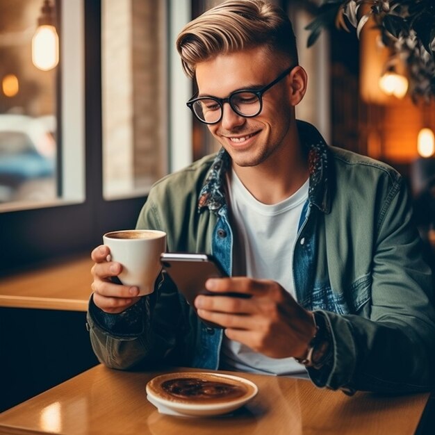 un uomo in un caffè con una tazza di caffè e un caffè