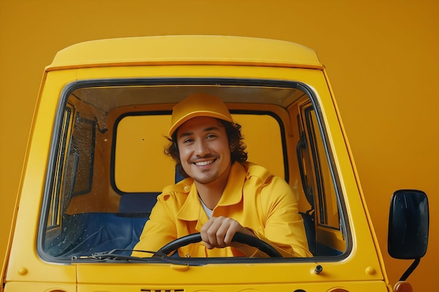 Un uomo in un camion giallo che sorride