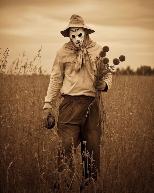 un uomo in un campo con una maschera con su scritto "no".